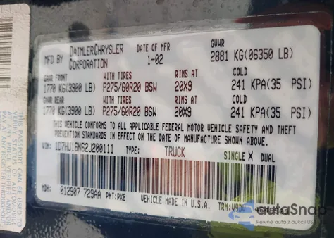 2002 Dodge Ram 1500 St из США, поврежденный, VIN 1D7HU16N62J200111